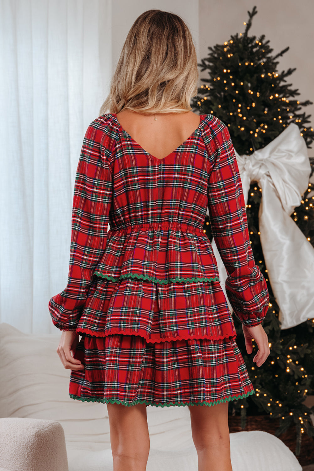 Red Plaid Print Ricrac Tiered Bubble Sleeve Mini Dress Bazaare Mart Dresses/Mini Dresses