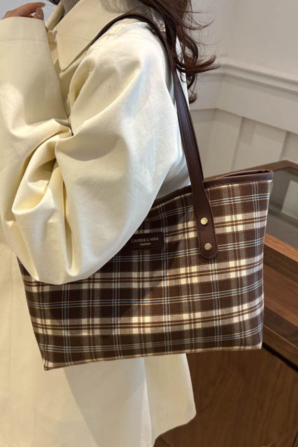 Brown Plaid PU Leather Tote Bag