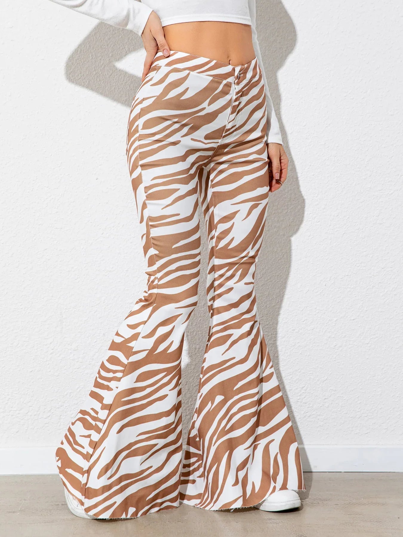 Printed High Waist Flare Leg Pants Tan Bazarre Mart Flare Leg Pants
