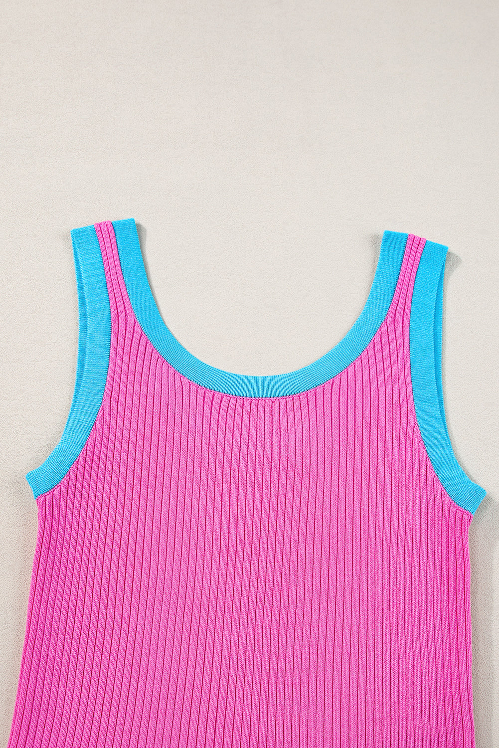 Magenta Colorblock Edge Ribbed Knit U Neck Tank Top