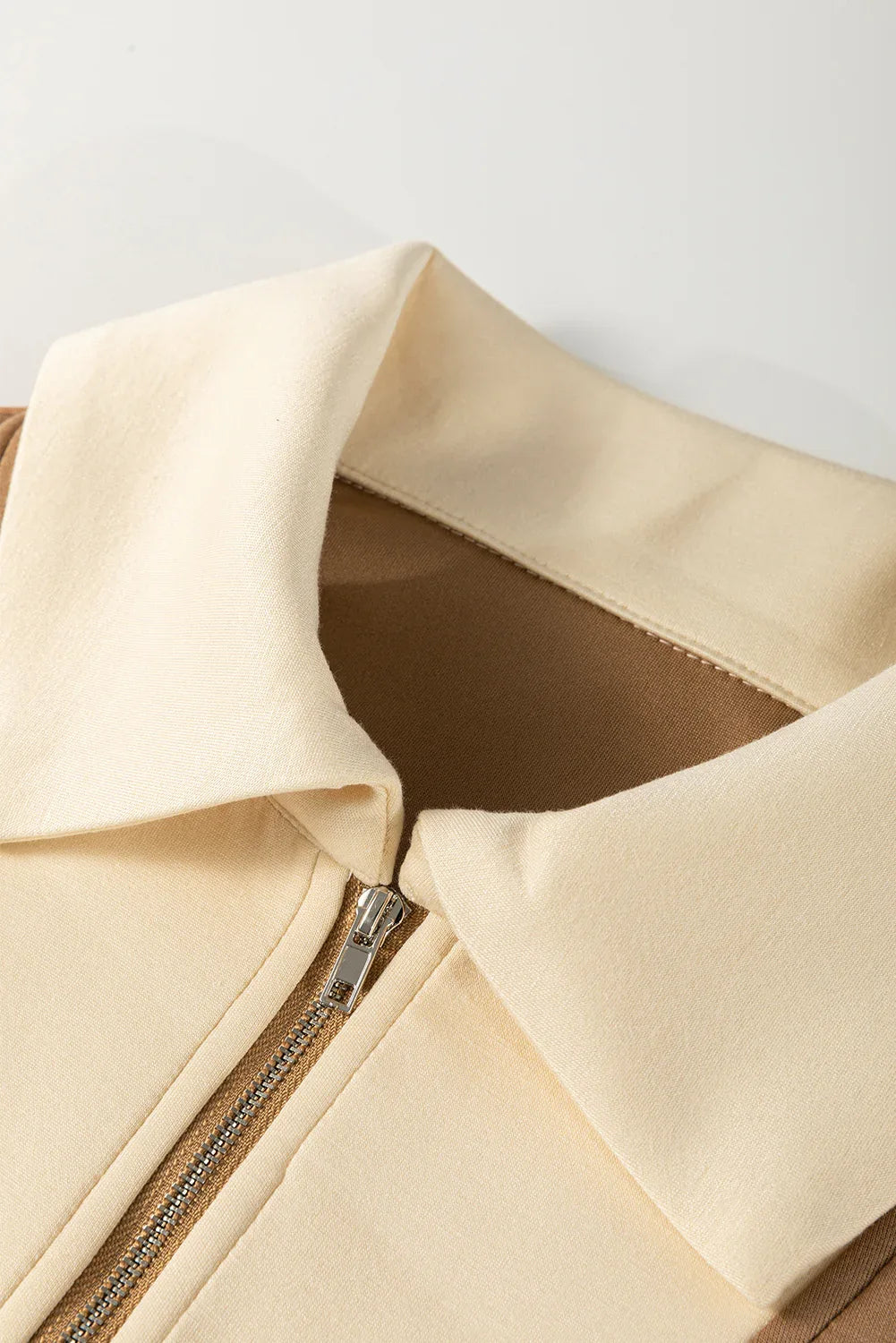 Simply Taupe Half Zipper Collared Colorblock Short Sleeve Top Bazaare Mart Tops/Tops & Tees