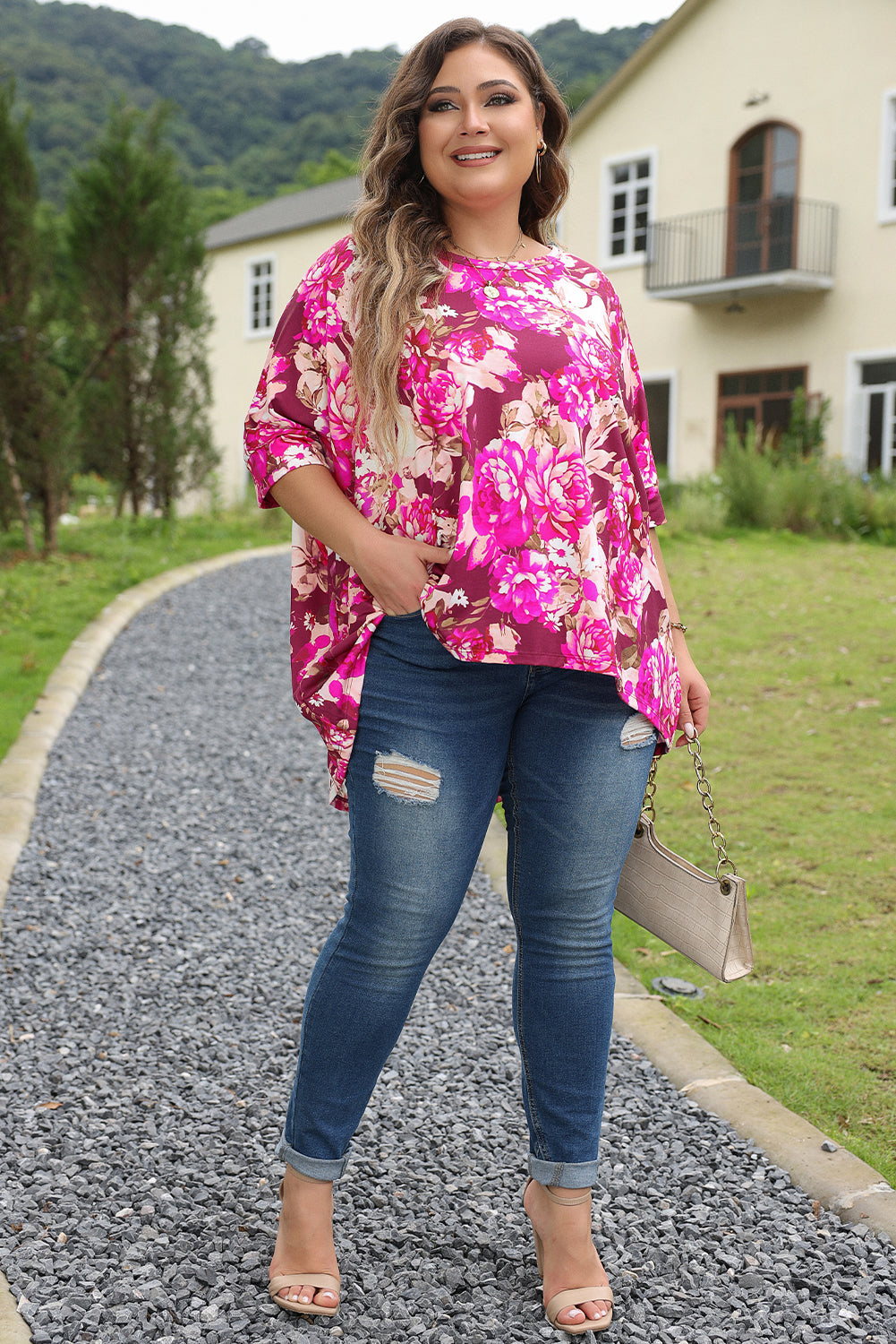Magenta Floral Half Sleeve Plus Size Blouse