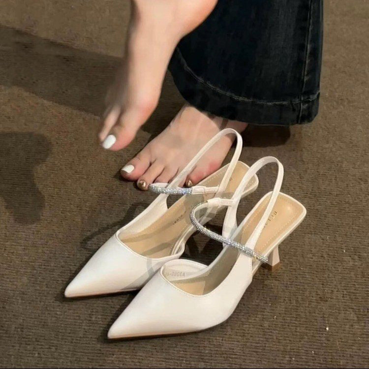 Women’s Rhinestone Chain Pointed Toe Heels – Slim Mid Heel Dress Sandals White CJ Dropshipping Pointed Toe Gold Pumps