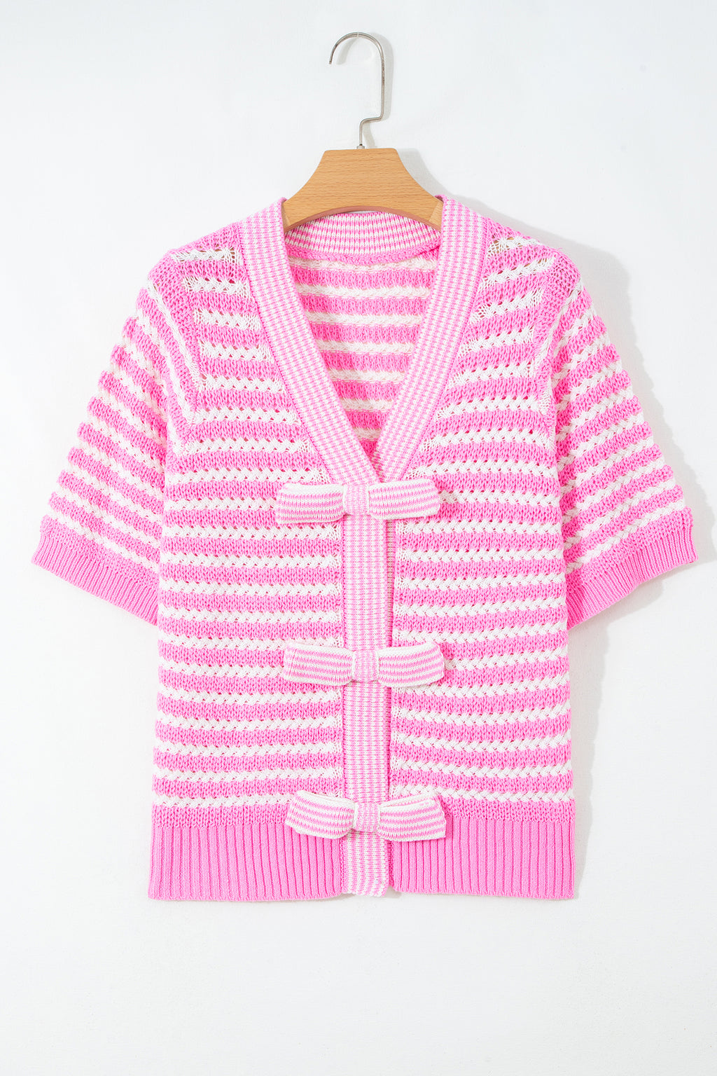 Striped Short Sleeve Knit V Neck Bow Knot Sweater Bazaare Mart Sweaters & Cardigans/Short Sleeve Sweaters