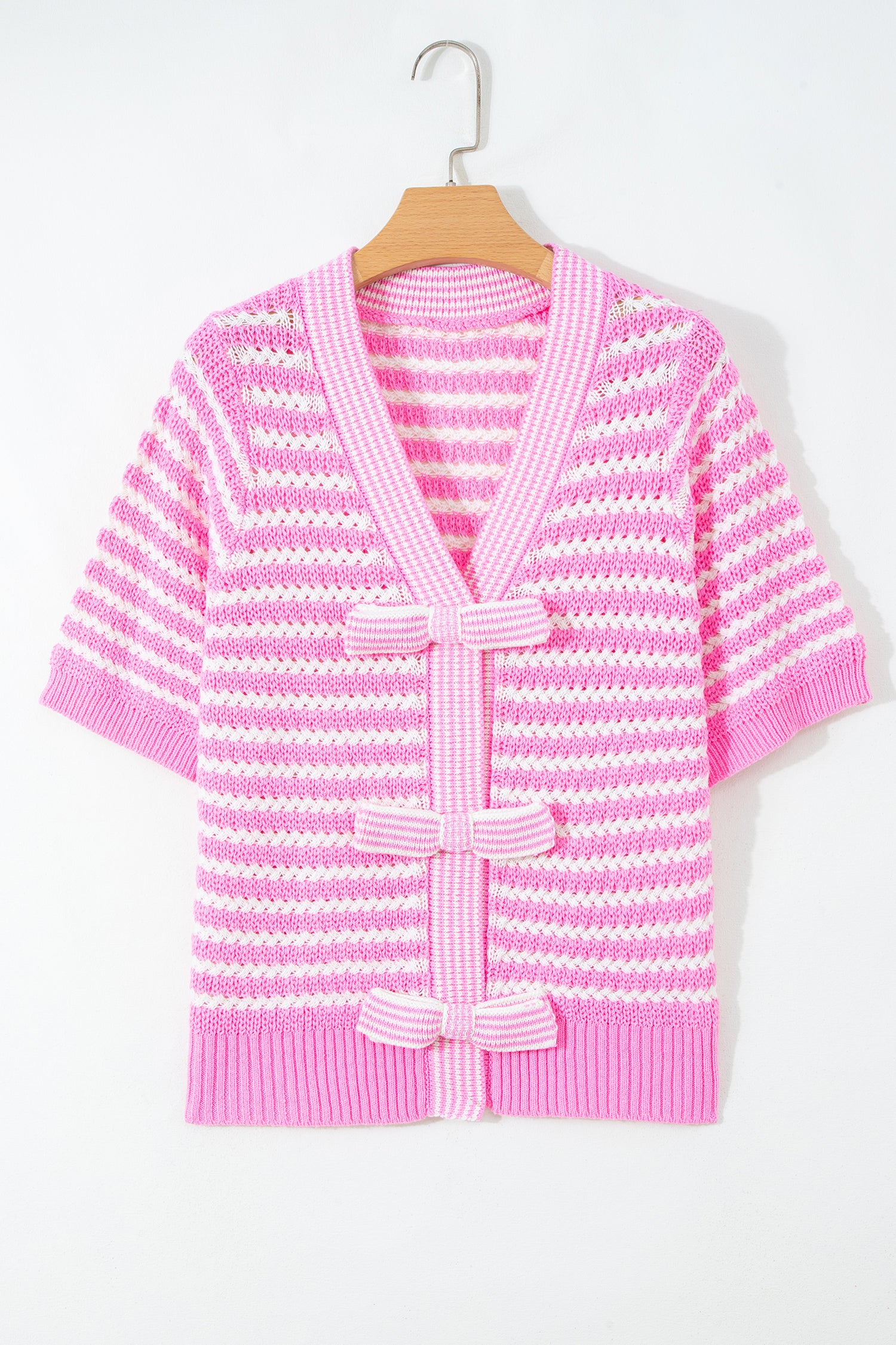 Striped Short Sleeve Knit V Neck Bow Knot Sweater Bazaare Mart Sweaters & Cardigans/Short Sleeve Sweaters