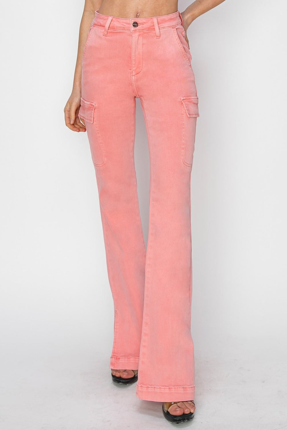 Pink High Rise Side Slit Cargo Bootcut Jeans