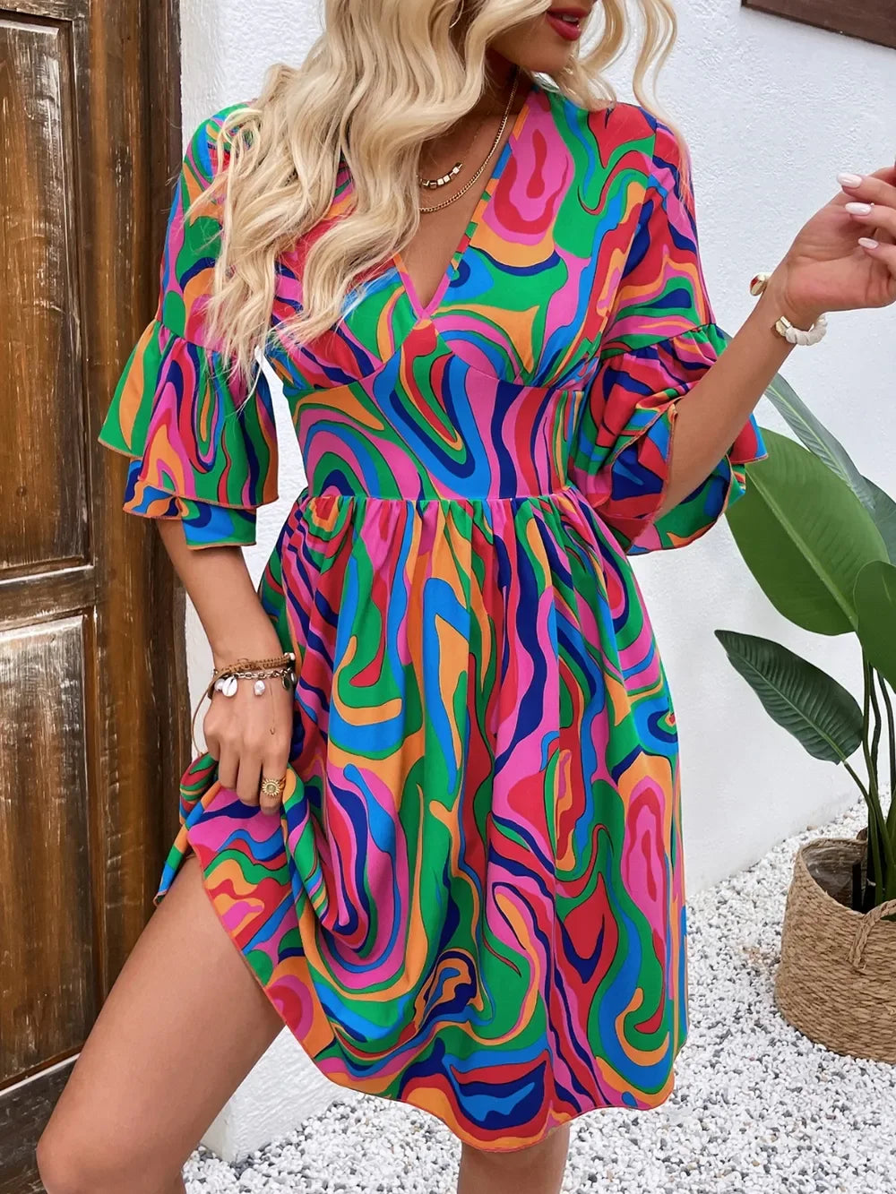 Ruffled Printed V-Neck Half Sleeve Mini Dress Bazarre Mart Dress