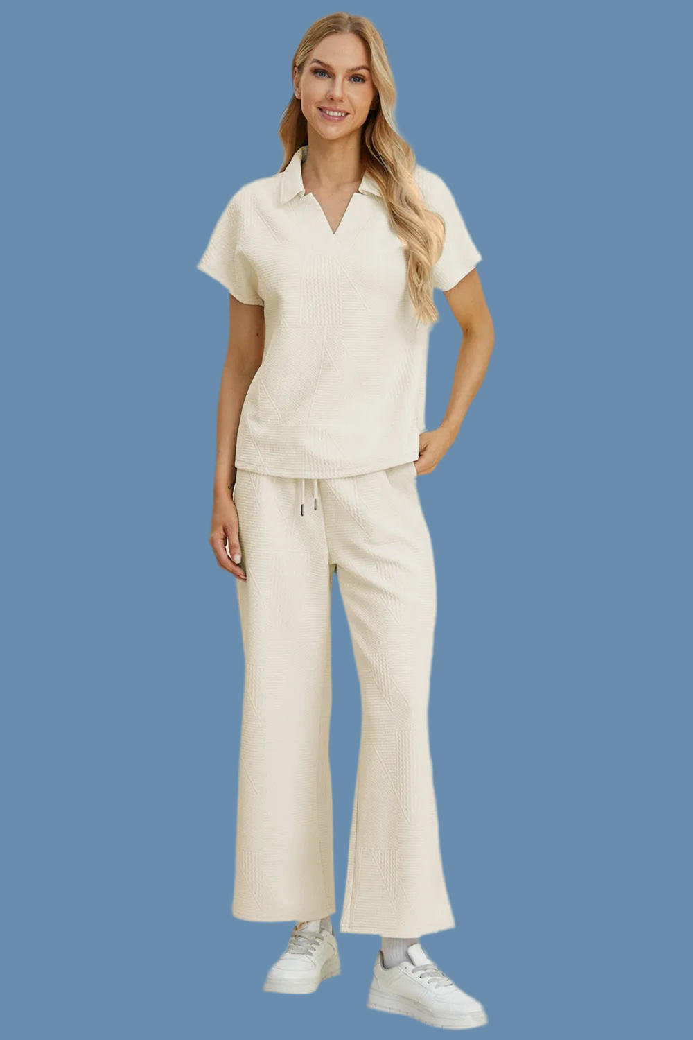 Double Take Full Size Collared Neck Short Sleeve Top and Pants Set