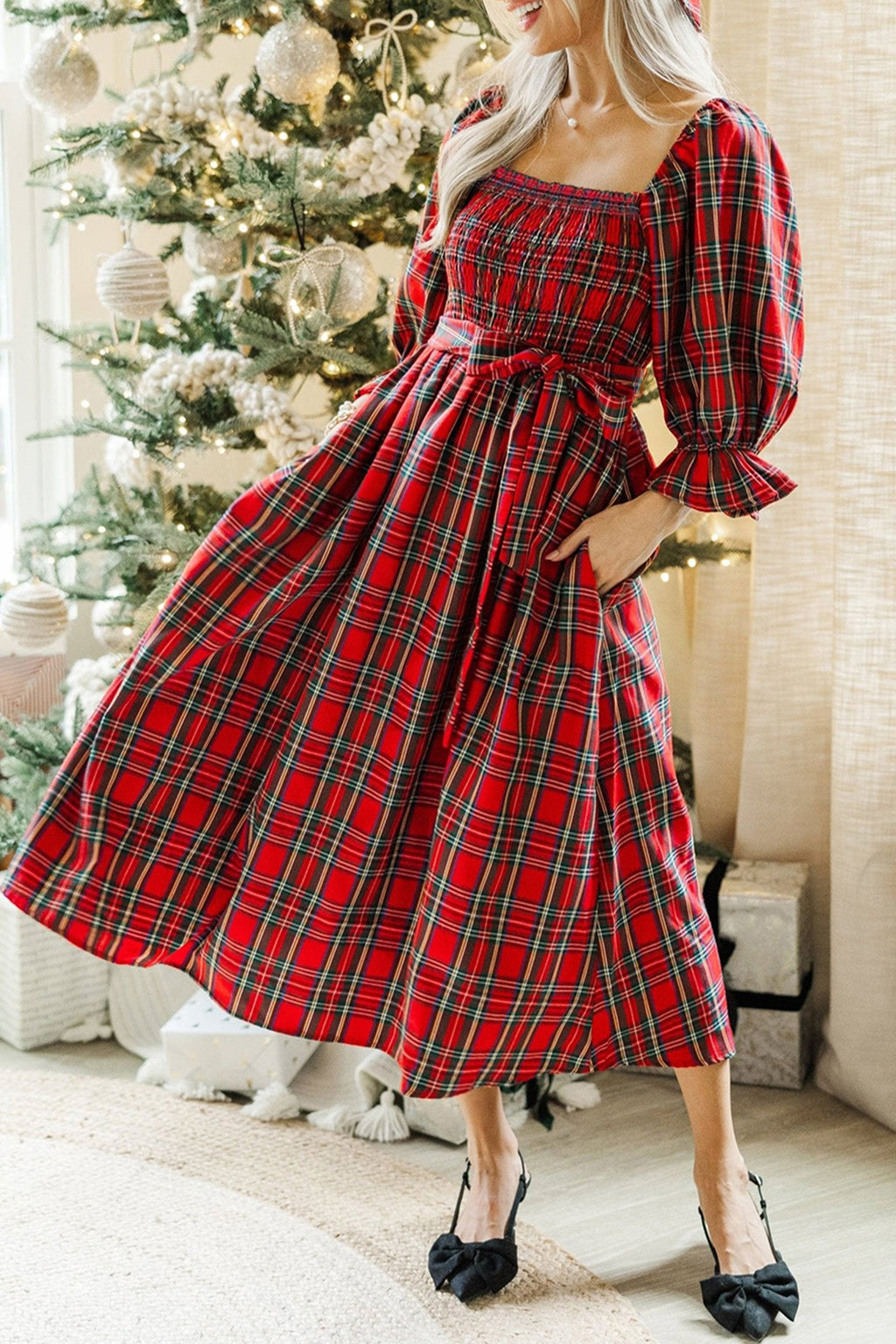 Tartan Plaid Square Neck Puff Sleeve Flared Midi Dress Bazaarre Mart Dresses/Maxi Dresses
