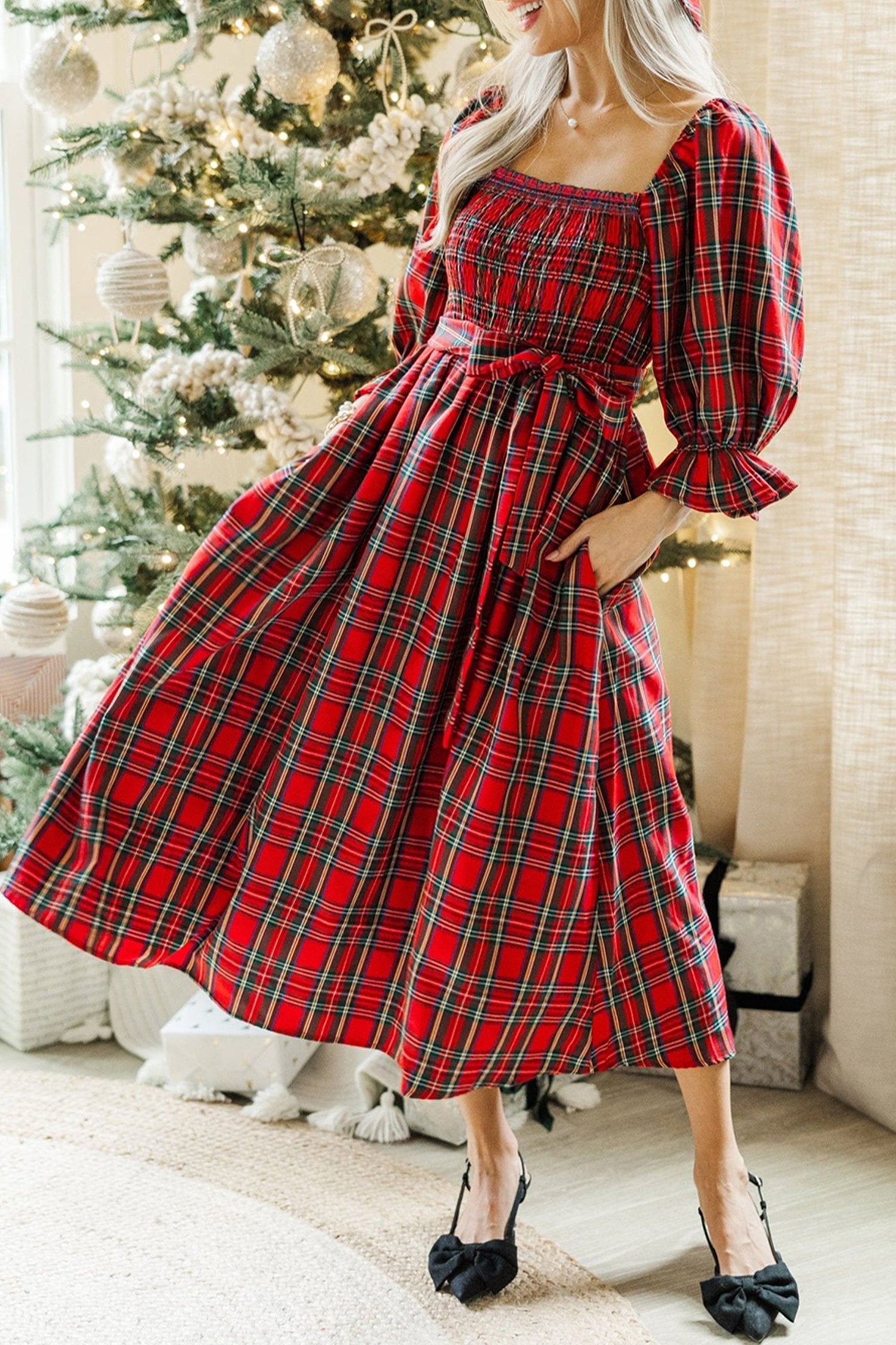 Tartan Plaid Square Neck Puff Sleeve Flared Midi Dress Bazaarre Mart Dresses/Maxi Dresses