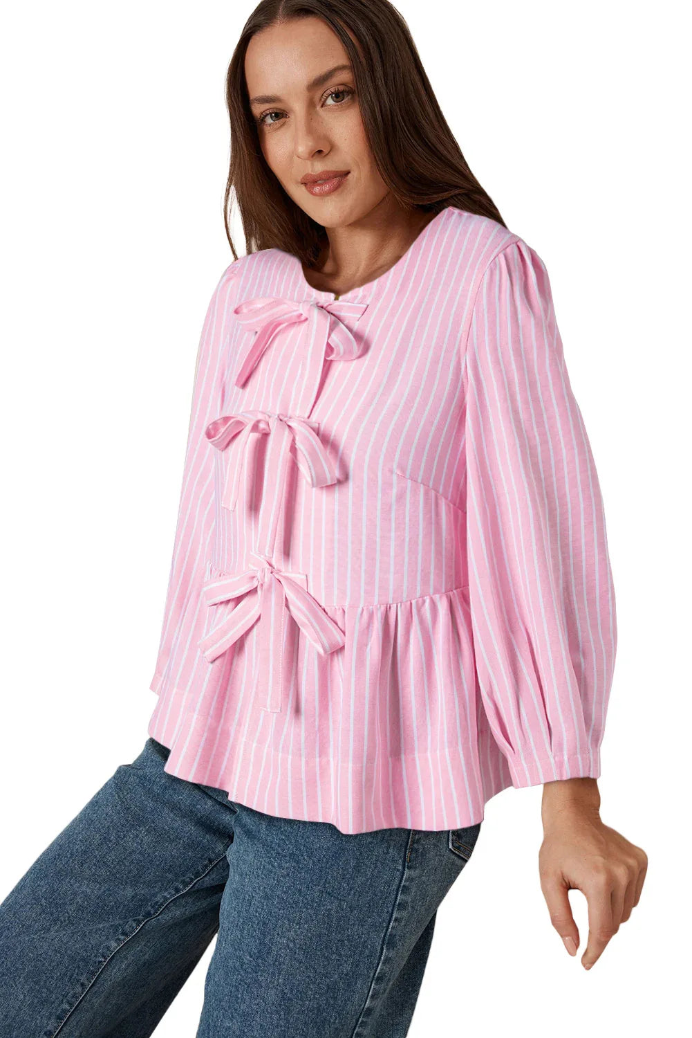 Pink Stripe Bowknot Front Crew Neck Puff Sleeve Blouse Bazarre Mart Tops/Blouses & Shirts