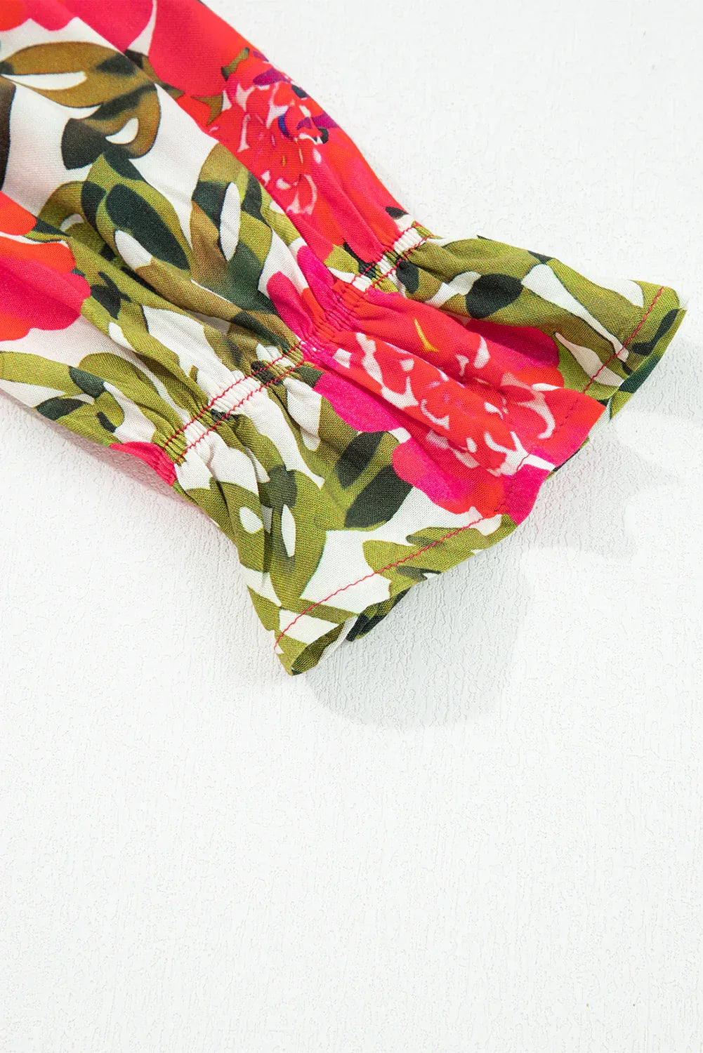 Red Floral Lace up V Neck Flounce Sleeve Blouse - Bazaare Mart