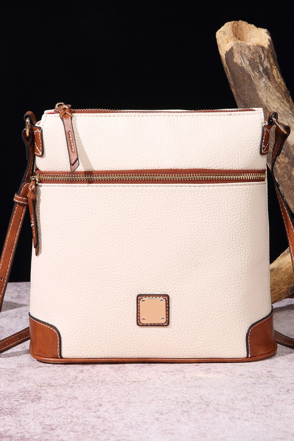 Ivory/Brown PU Leather Crossbody Bag