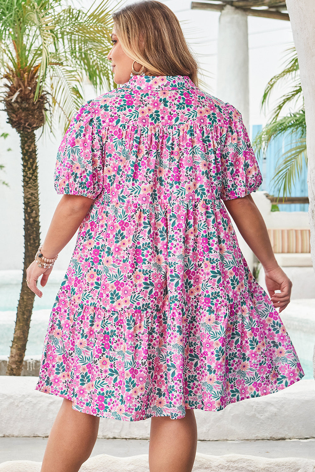 Pink Plus Size Floral Half Button Short Puff Sleeve A-line Dress Dear-Lover Dropshipping Plus Size/Plus Size Dresses/Plus Size Mini Dresses