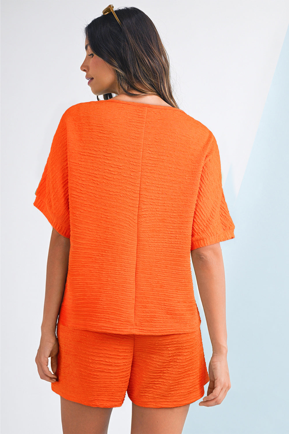 Orange Textured V Neck T Shirt and Shorts Set