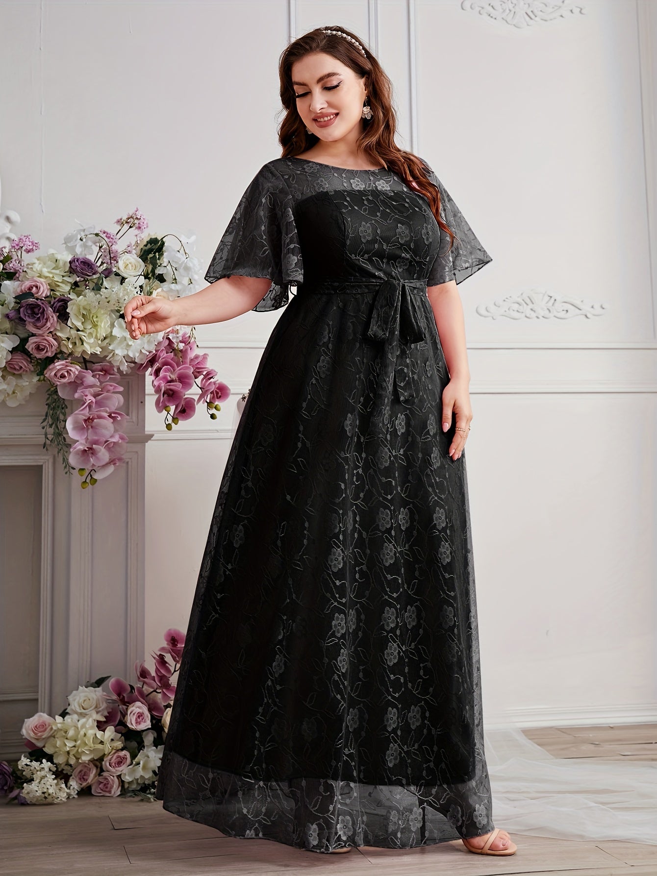 Elegant High Waist Lace Round Neck Half Flutter Sleeve Solid Color Formal Floor Length Dress