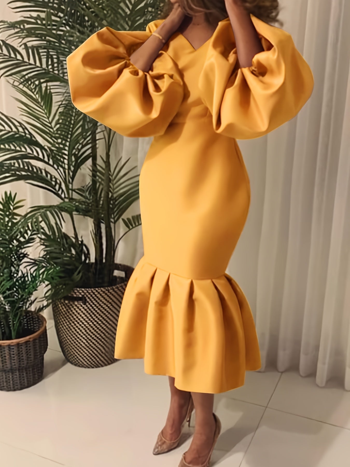 Cowl Neck Balloon Sleeve Mermaid Dress