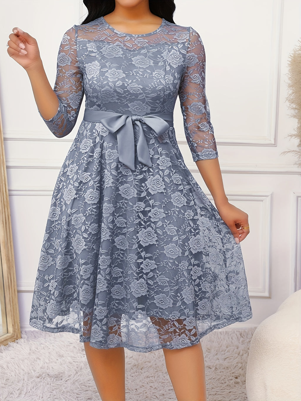 Grey Lace Round Neck Three-quarter Sleeve Dress