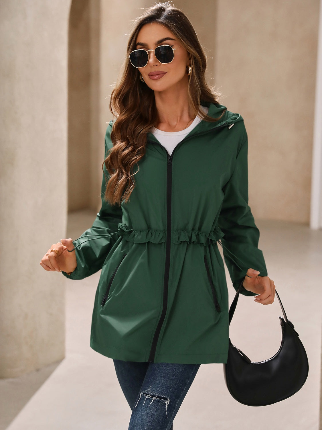 Waterproof Gathered Waist Hooded Jacket