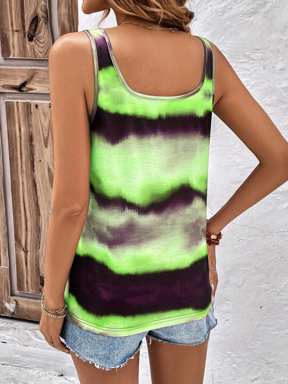 Back of Neon Green Striped Tie-Dye Tank Top
