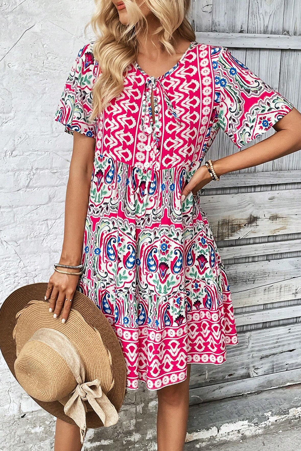 Pink Short Sleeve Bohemian Print Dress