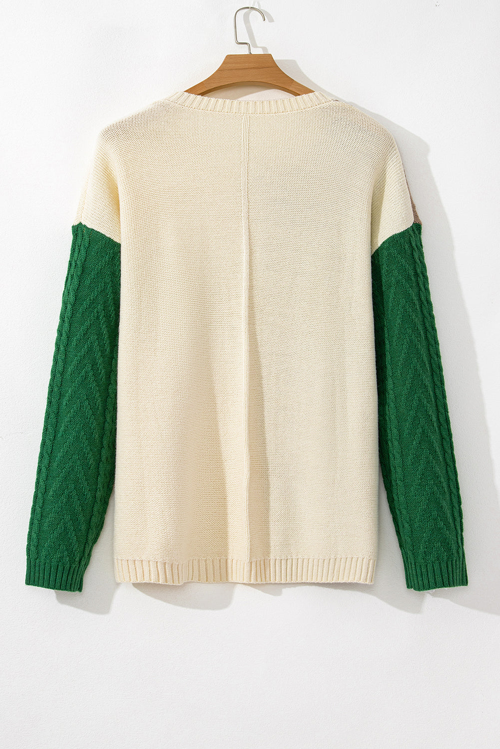 Green Color Block Drop Shoulder Cable Knit Sweater