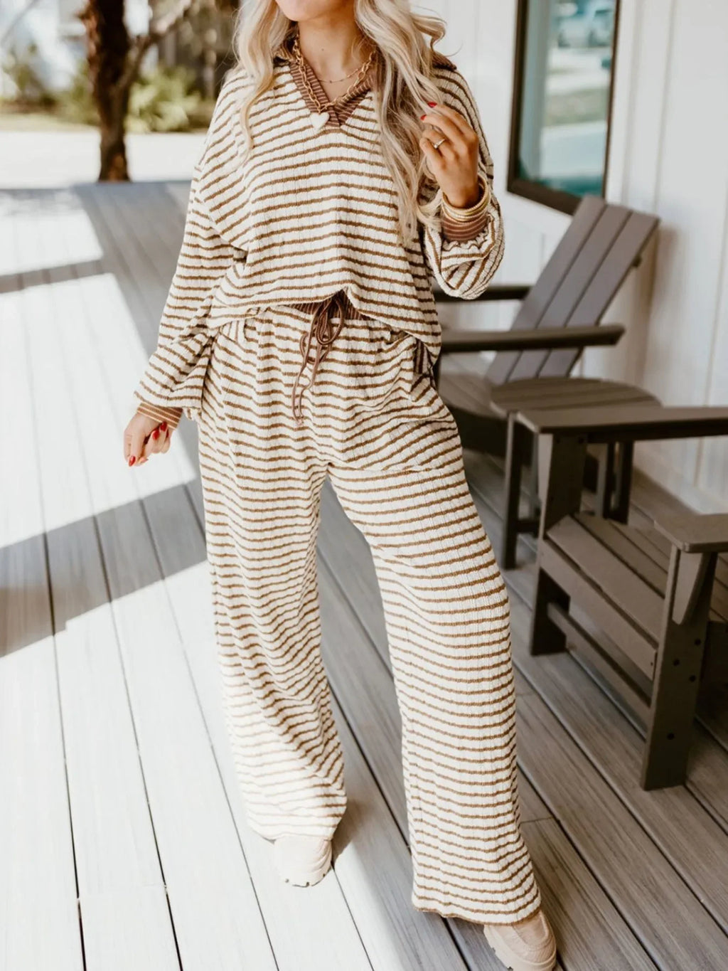 Thin Stripe Collared Baggy Top and Drawstring Pant Set Trendsi Brown Striped Wide Leg Pants Set