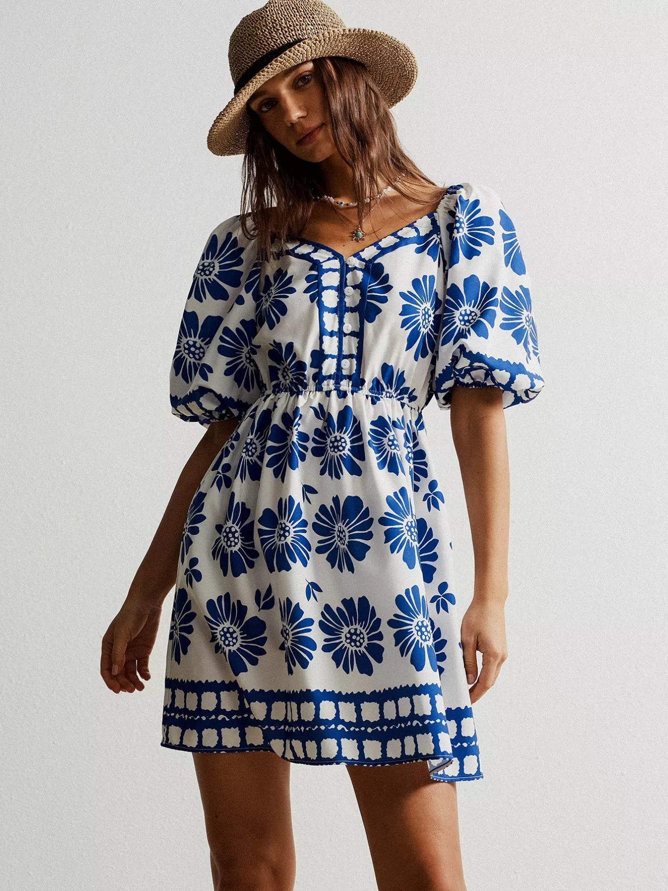 Blue Floral Print Puff Sleeve Mini Dress Royal Blue Bazaare Mart Floral Print Puff Sleeve Mini Dress