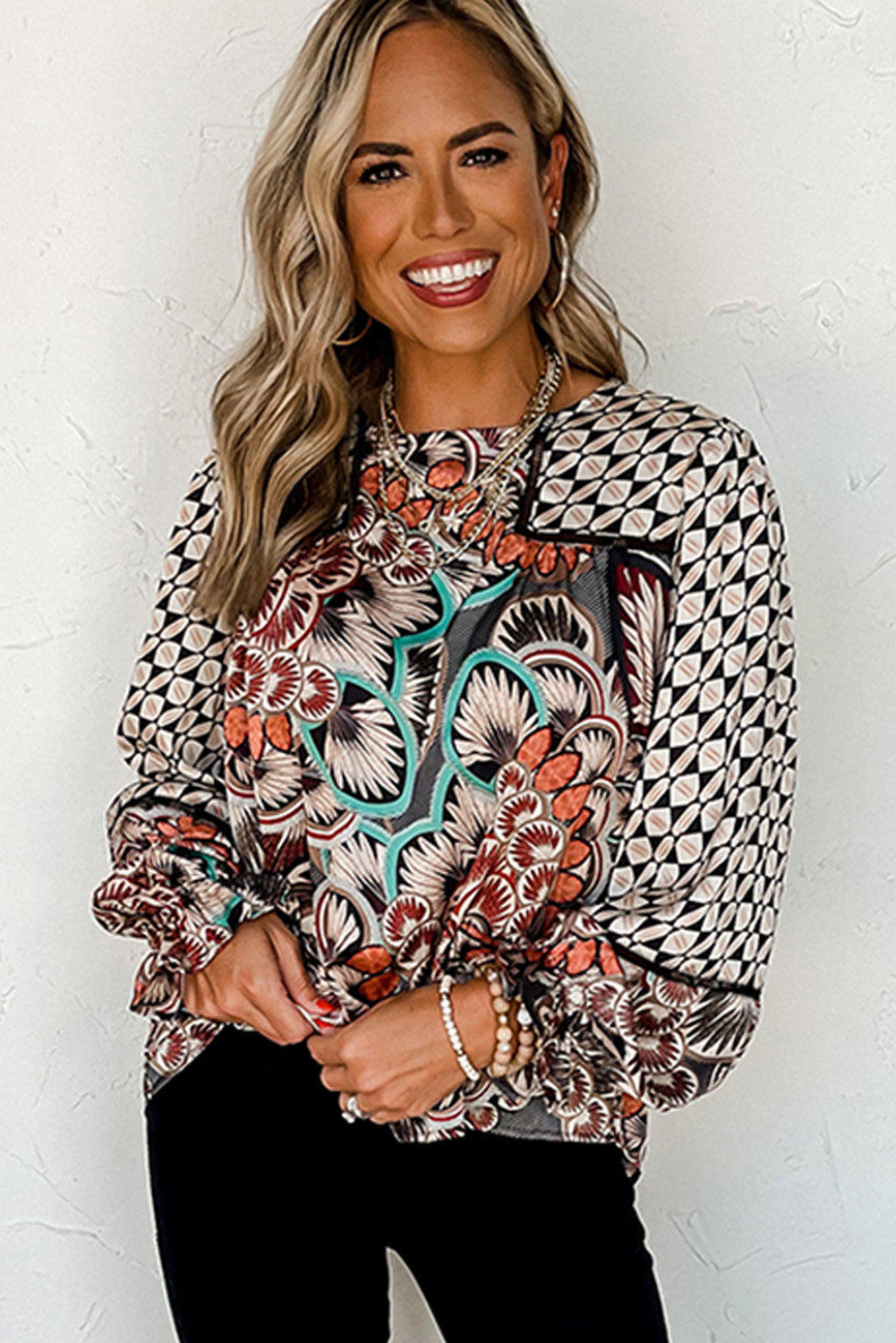 Mixed Print Long Sleeve Blouse