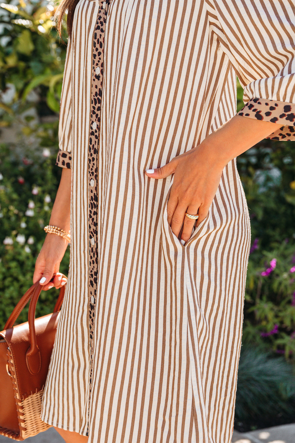 Khaki Stripe Leopard Trim Shirt Dress Bazaare Mart Dresses/Mini Dresses