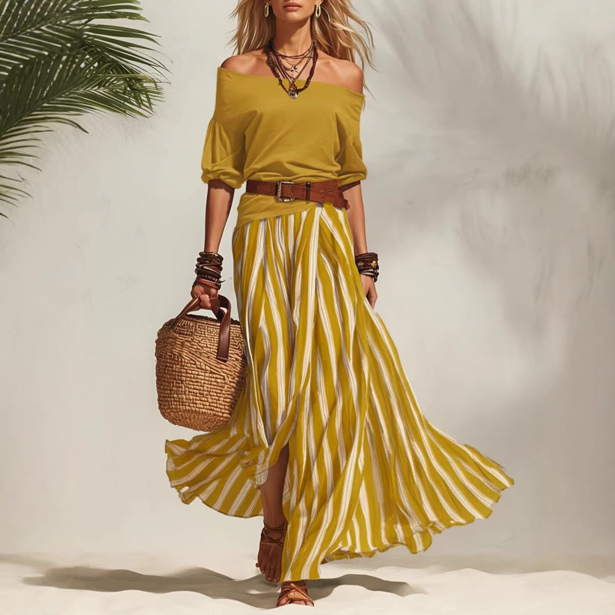 Women’s Off-Shoulder Top & Stripe Slit Maxi Skirt Set – Two-Piece Matching Outfit CJ Dropshipping 2pc. Maxi Skirt Set