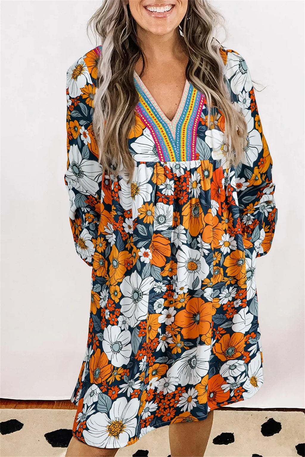 Orange Floral Boho Striped V Neck Long Sleeve Dress