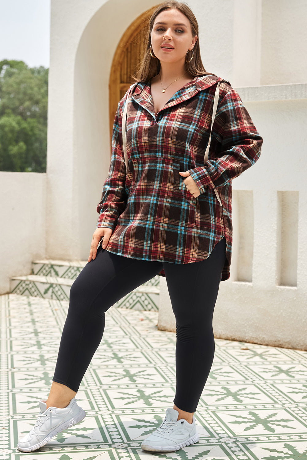 Red & Brown Plus Size Plaid Kangaroo Pocket Drawstring Hoodie