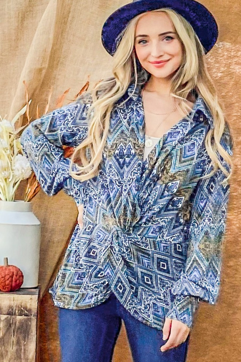 Blue Geo Print Twist Knot Long Sleeve Blouse