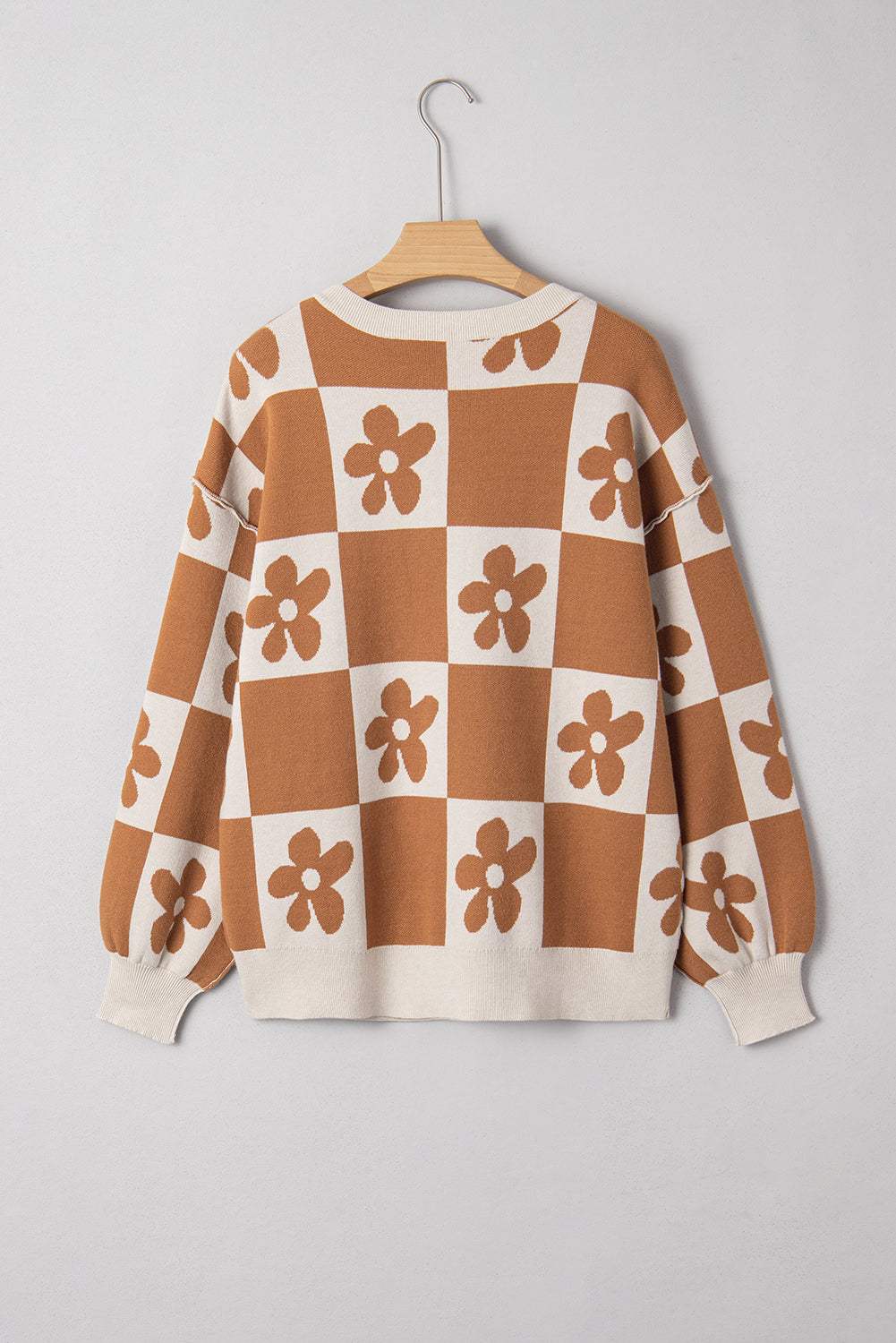 Brown Flower Colorblock Checkered Henley Sweater