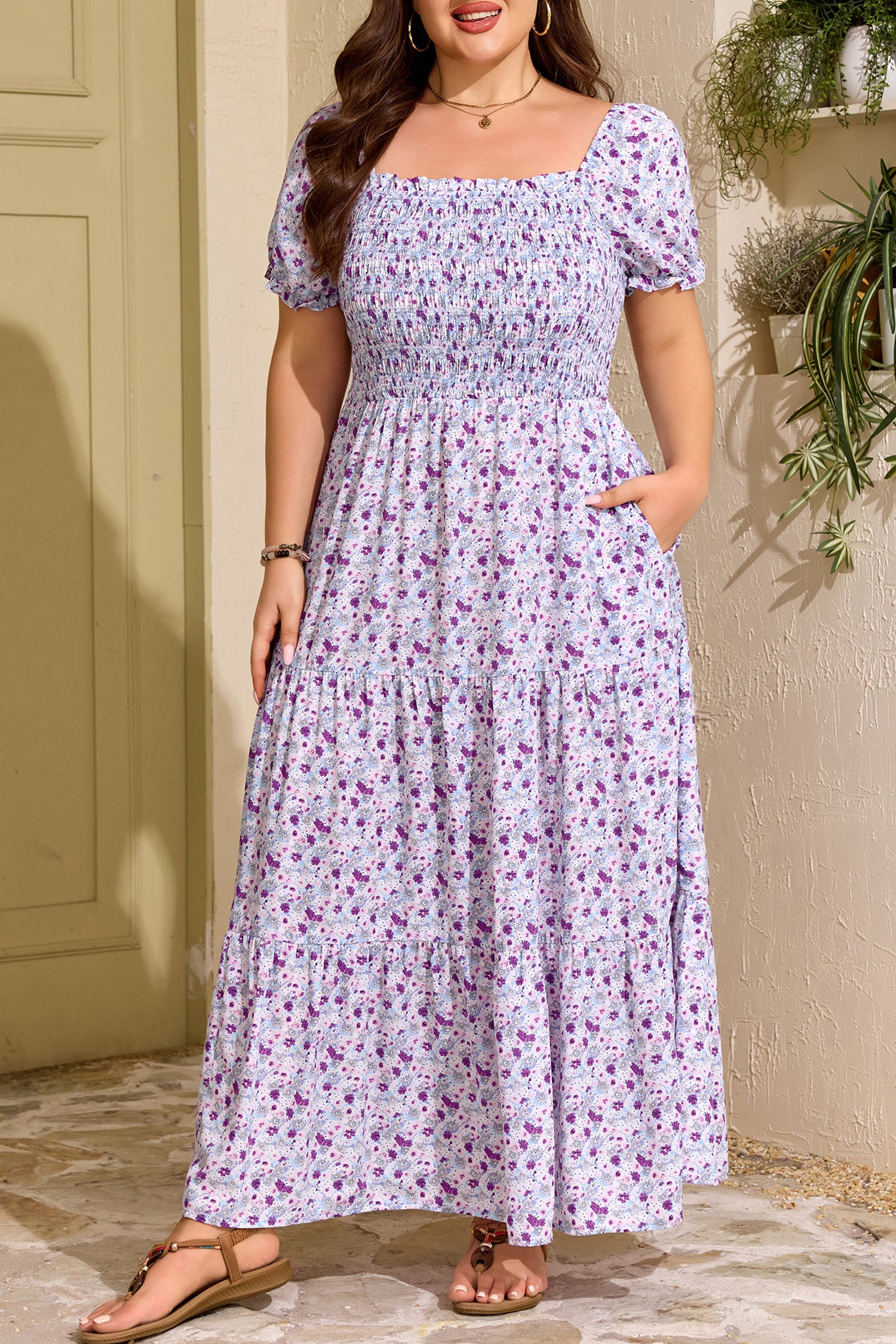 Plus Size Purple Floral Smocked Maxi Dress – Square Neck Puff Sleeve Dress Dear-Lover Dropshipping Plus Size/Plus Size Dresses/Plus Size Maxi Dresses