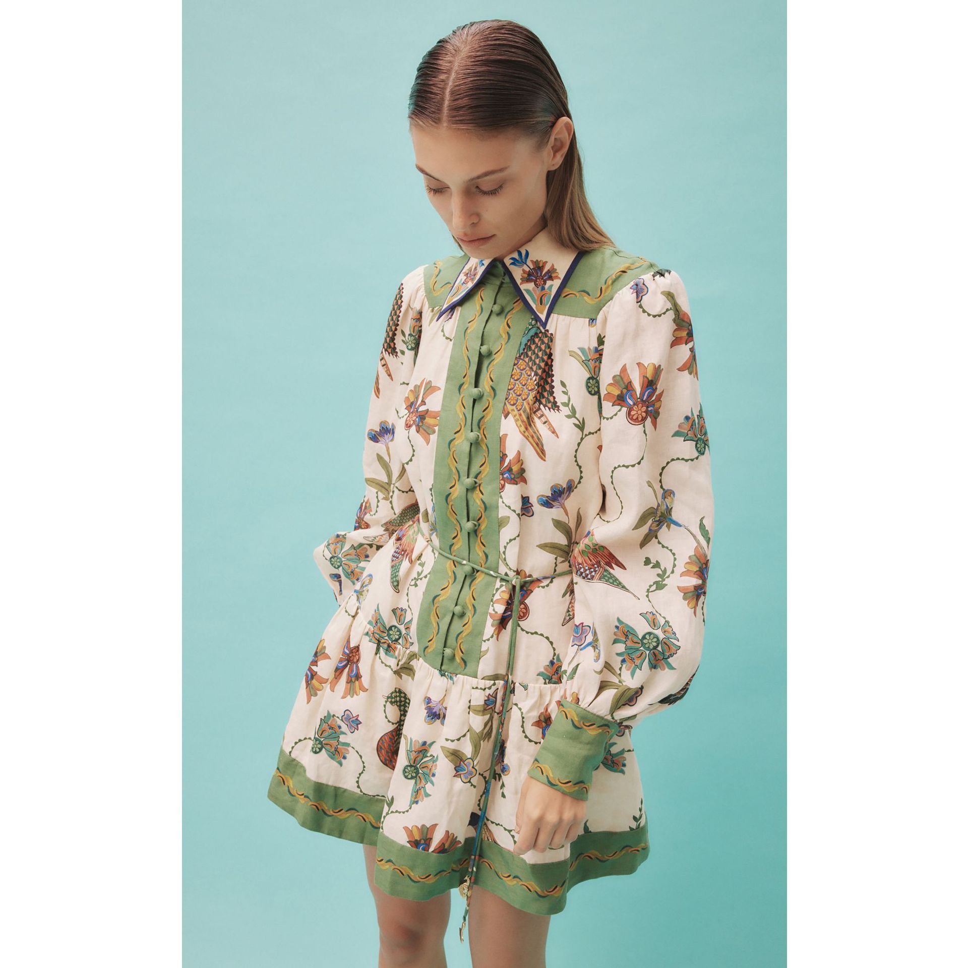 Women’s Floral Print Long Sleeve Mini Dress – Lace-Up Lapel Shirt Dress CJ Dropshipping Classy Green Floral Dress