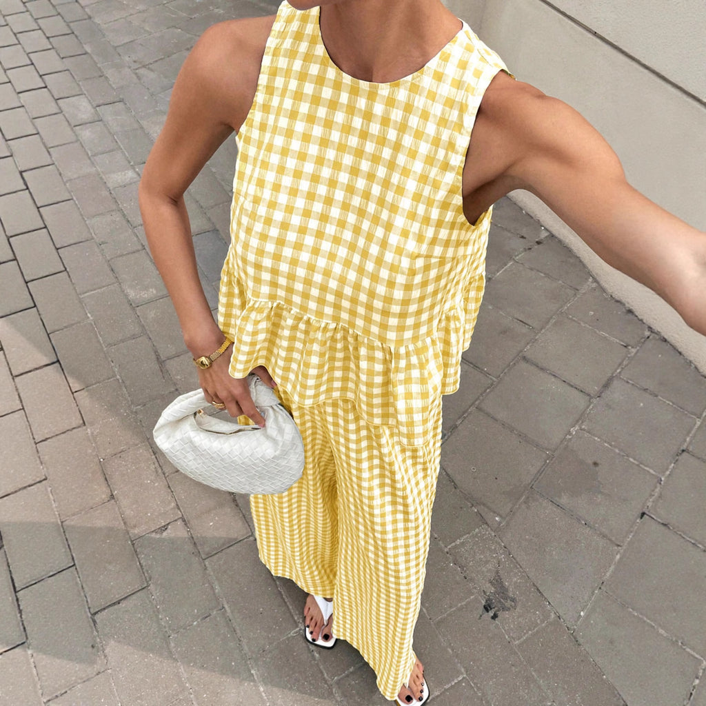 Retro Plaid Sleeveless Top With Ruffled Hem And Straight-leg Pants CJ Dropshipping Retro Plaid Sleeveless Pants Set