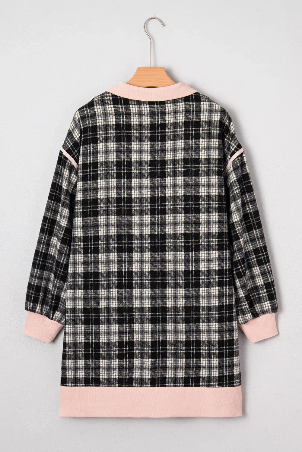 Black Plaid Polo Pink Collar Zip up Contrast Trim Long Sleeve Mini Dress Bazaarre Mart Dresses/Mini Dresses