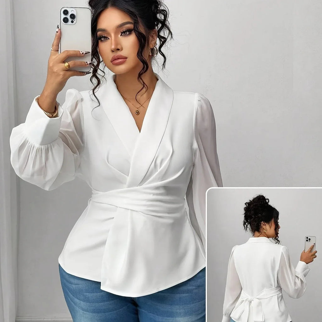 Mesh Semi-Sheer Wrap Button-Front Long Sleeve Blouse White Bazaare Mart Mesh Wrap Long Sleeve Blouse