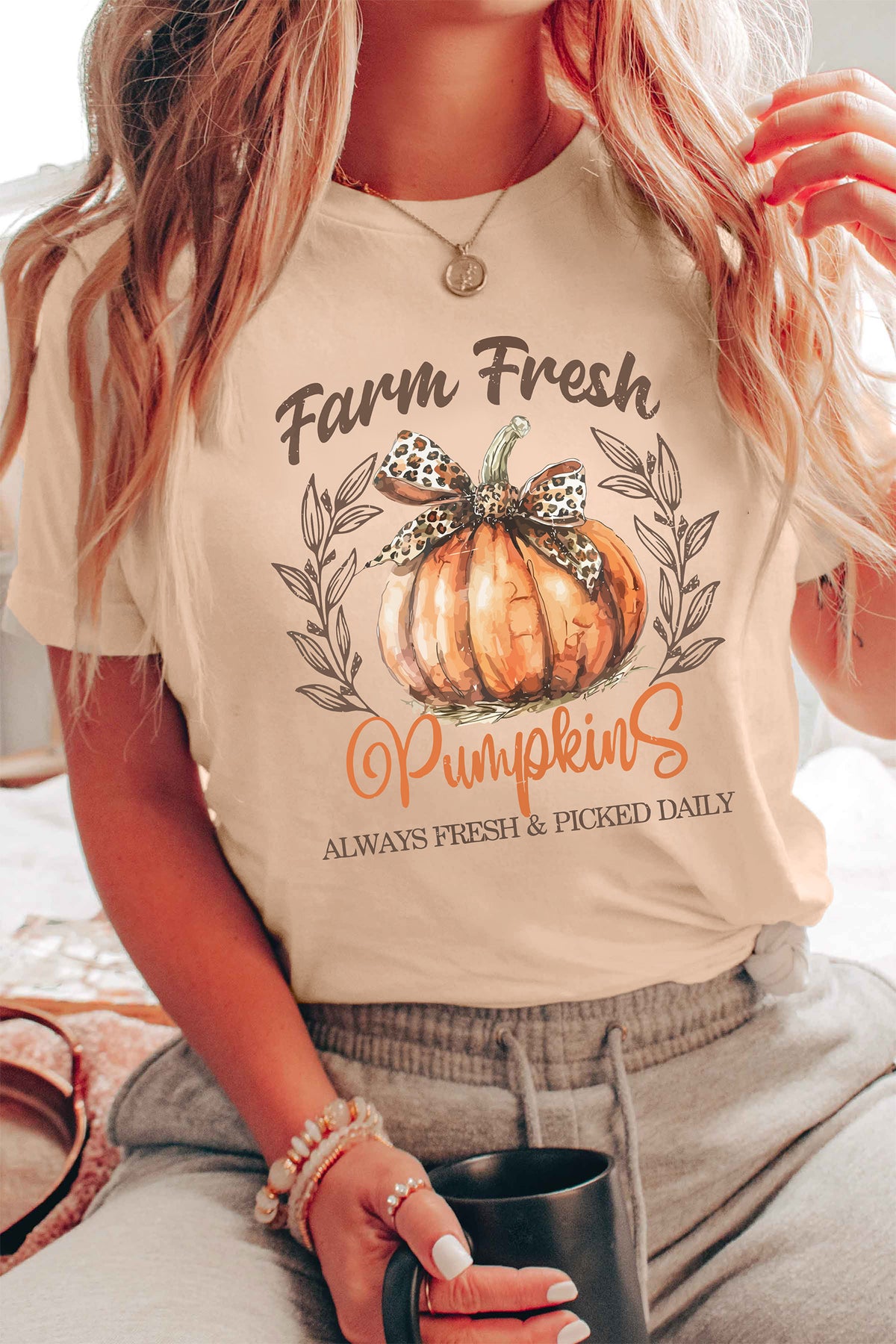 Khaki Farm Fresh Pumpkin Slogan Fall Graphic Tee