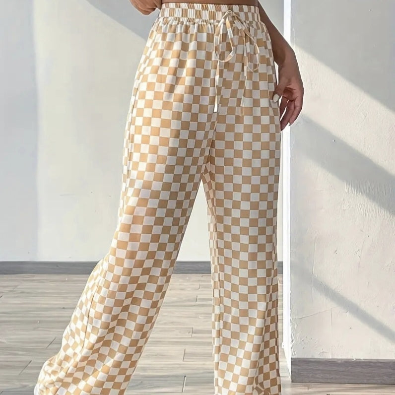 Beige Checkerboard Drawstring High Waisted Wide Leg Pants