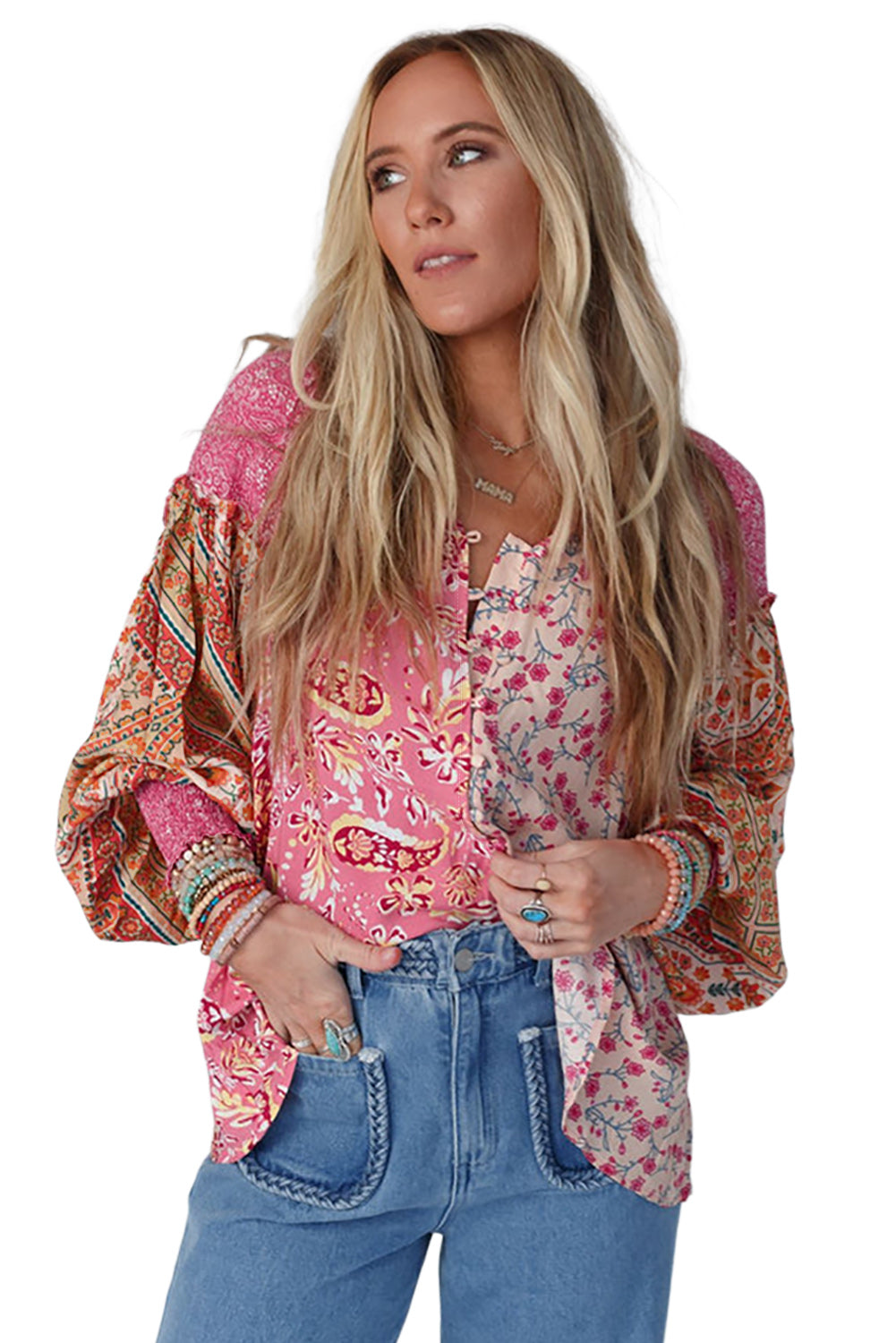 Pink Mixed Floral Patchwork Long Lantern Sleeve V-Neck Blouse Shewin Blouses