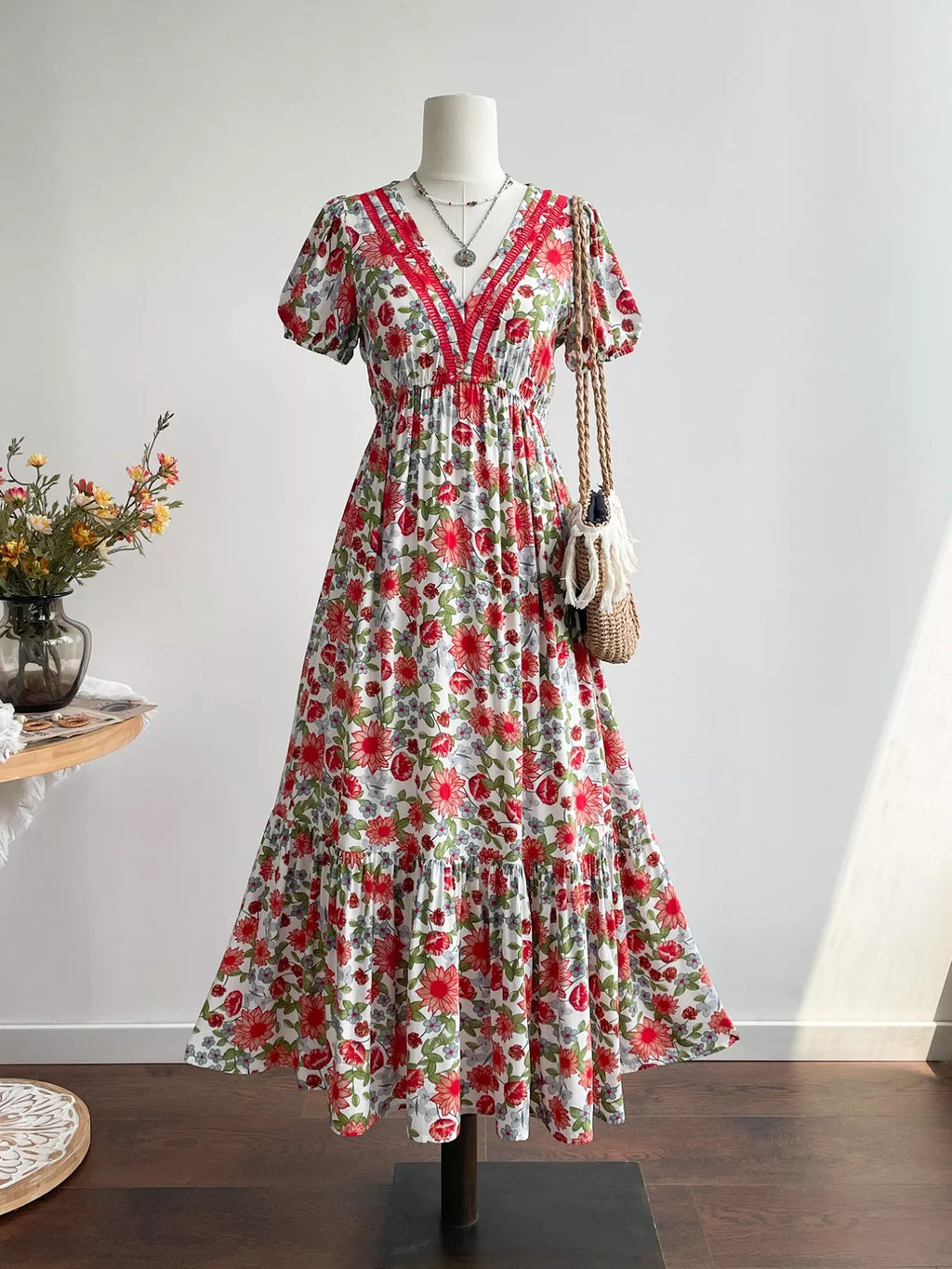 Floral Print V-Neck Ruffle Hem Maxi Dress Scarlet Bazaare Mart Floral Print V-Neck Ruffle Hem Midi Dre