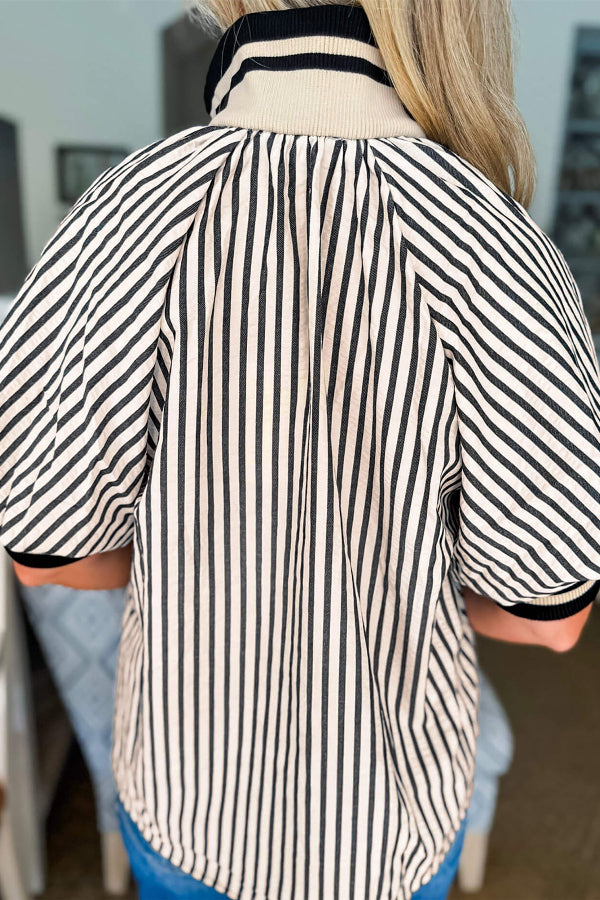 B&W Stripe Polo Collar Half Zip Short Puff Sleeve Blouse Bazaare Mart Tops/Blouses & Shirts