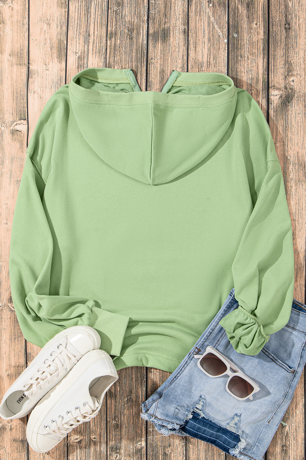 Smoke Green Solid Kangaroo Pocket Half Zipper Oversized Hoodie