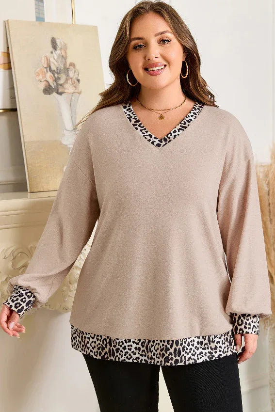 Parchment Leopard Hem V Neck Long Sleeve Top bazaare mart Plus Size/Plus Size Tops/Plus Size Long Sleeve Tops