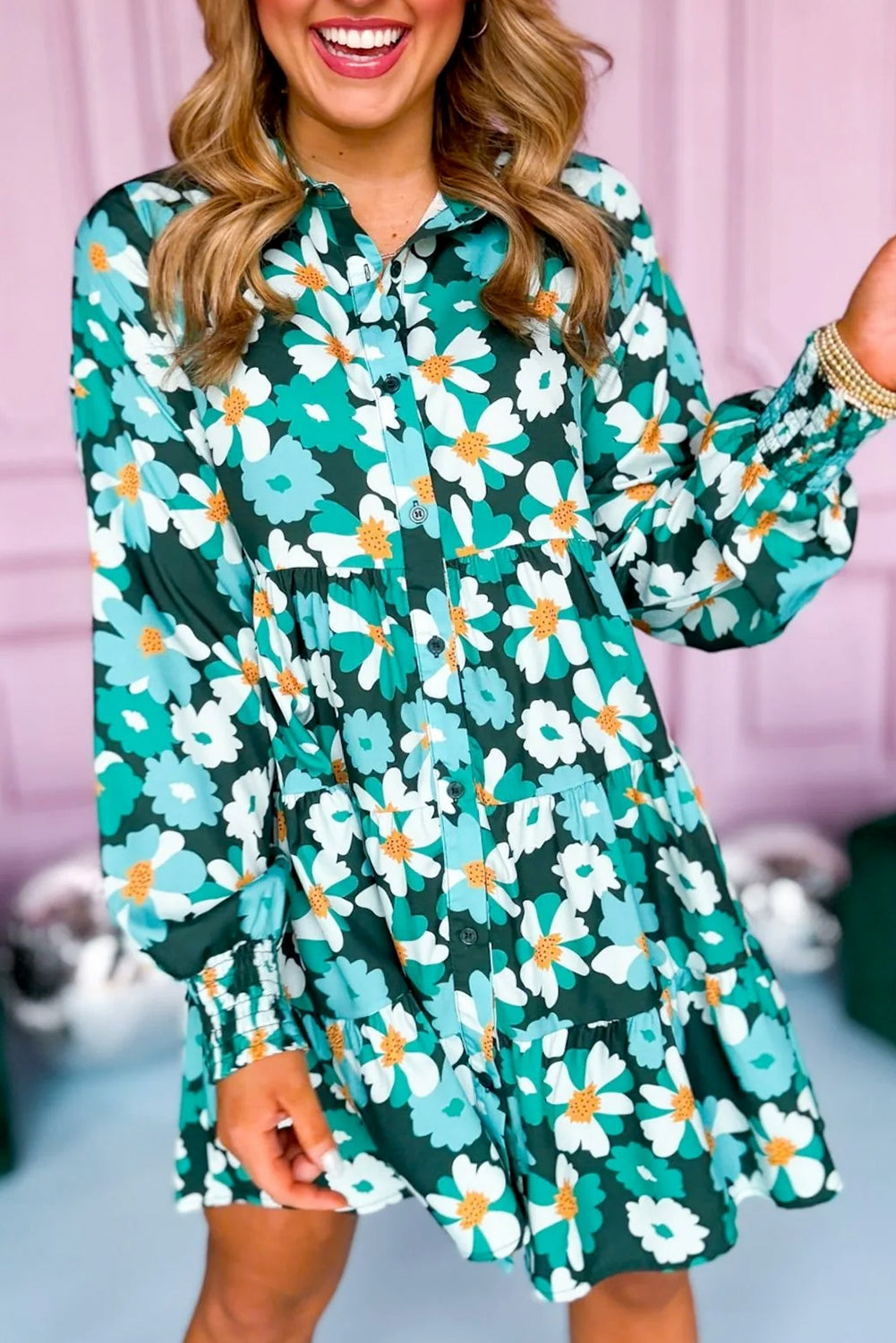 Green Floral Long Sleeve Shirt Dress