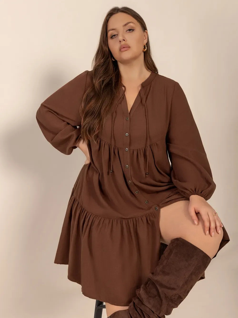 Brown Long Balloon Sleeve Tiered Dress Bazarre Mart Brown Tiered Dress