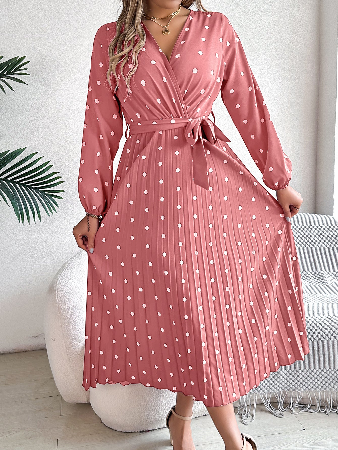Elegant Polka Dot Pleated Maxi Dress – Cross V-Neck Long Sleeve Shirt Dress Pink CJ Dropshipping Long Sleeve Polka Dot Midi Dress